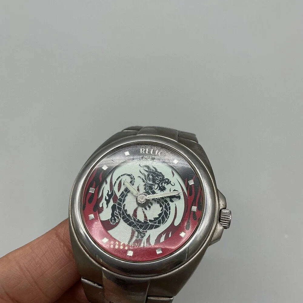 Relic Big Tic Mens Watch 39mm Dragon Flame Animated Stainless New Battery 6